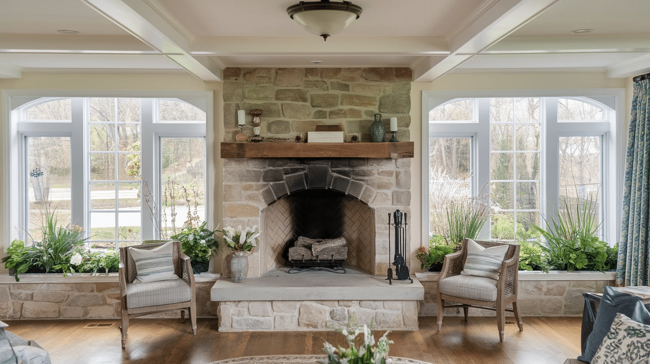 Cottage-Style_Fireplace_with_Garden_Windows
