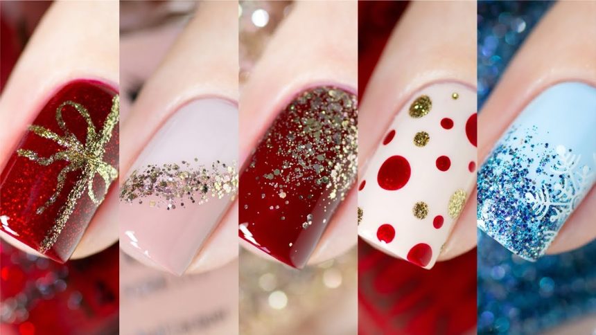 The Collection Of Red, Gold And White Christmas Nail Art Ideas