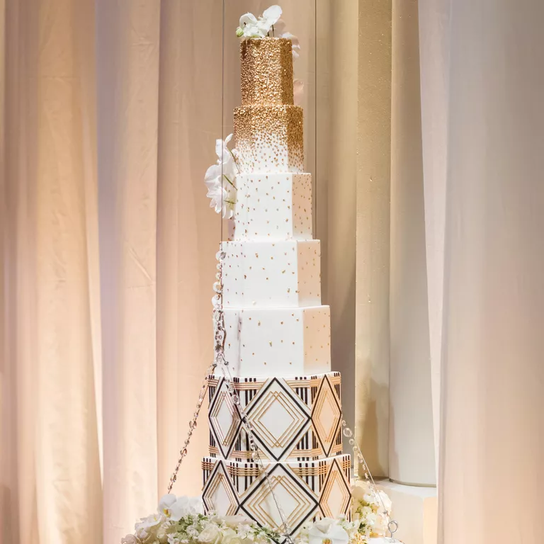 7 Tiered Gold and White Cake