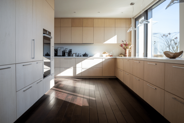 kitchens with dark floors and light cabinets