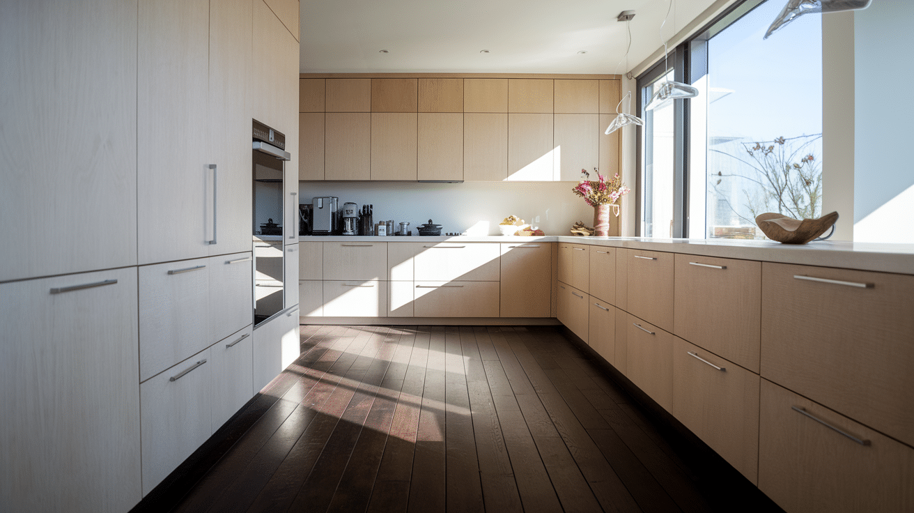 kitchens with dark floors and light cabinets