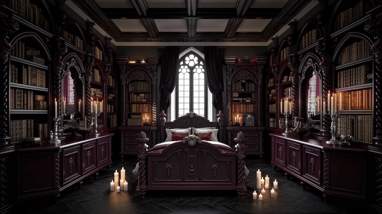 modern dark academia bedroom