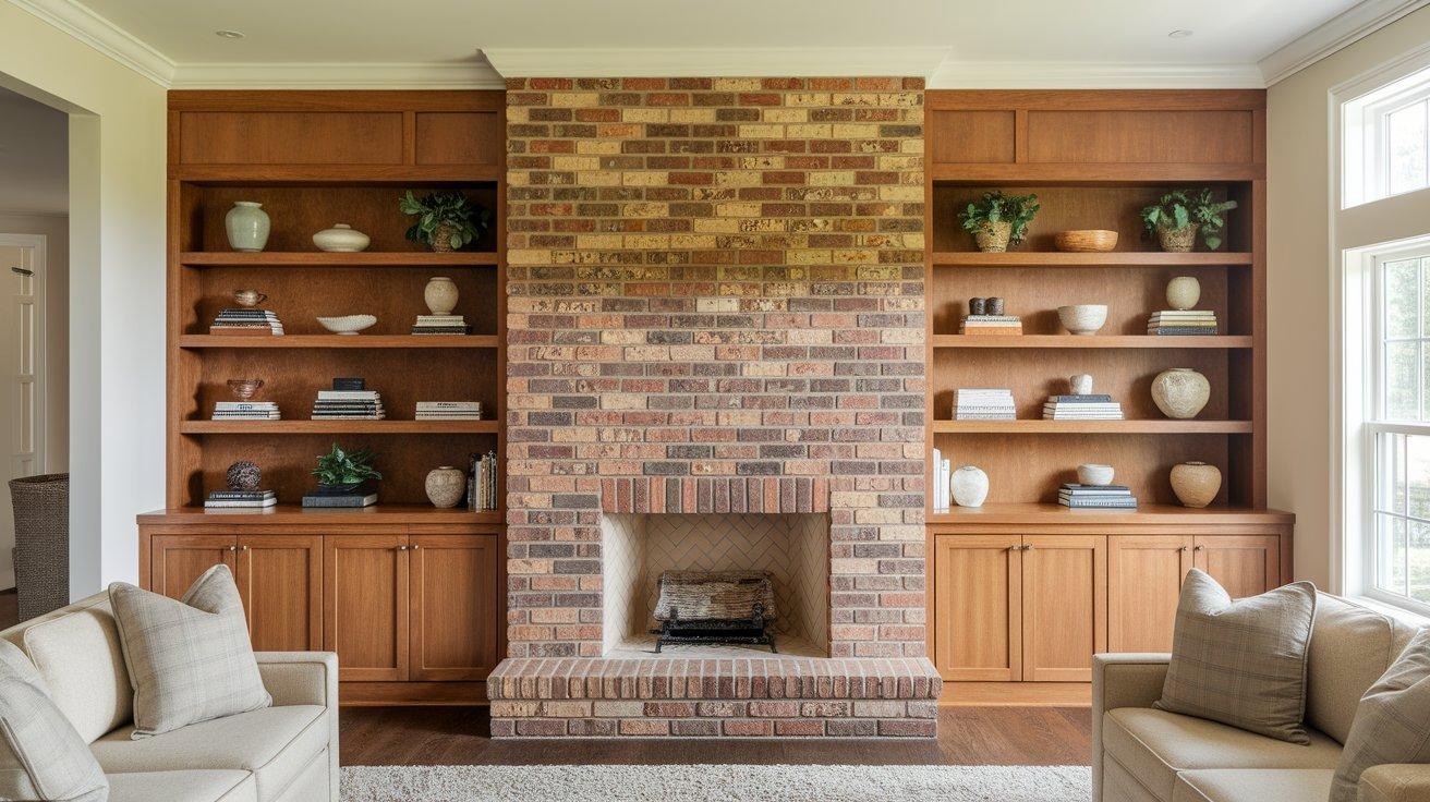 Brick_Fireplace_Wall_with_Built-In_Wooden_Shelves