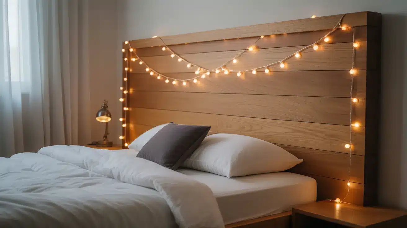 Minimalist_Wood_Headboard_with_String_Lights