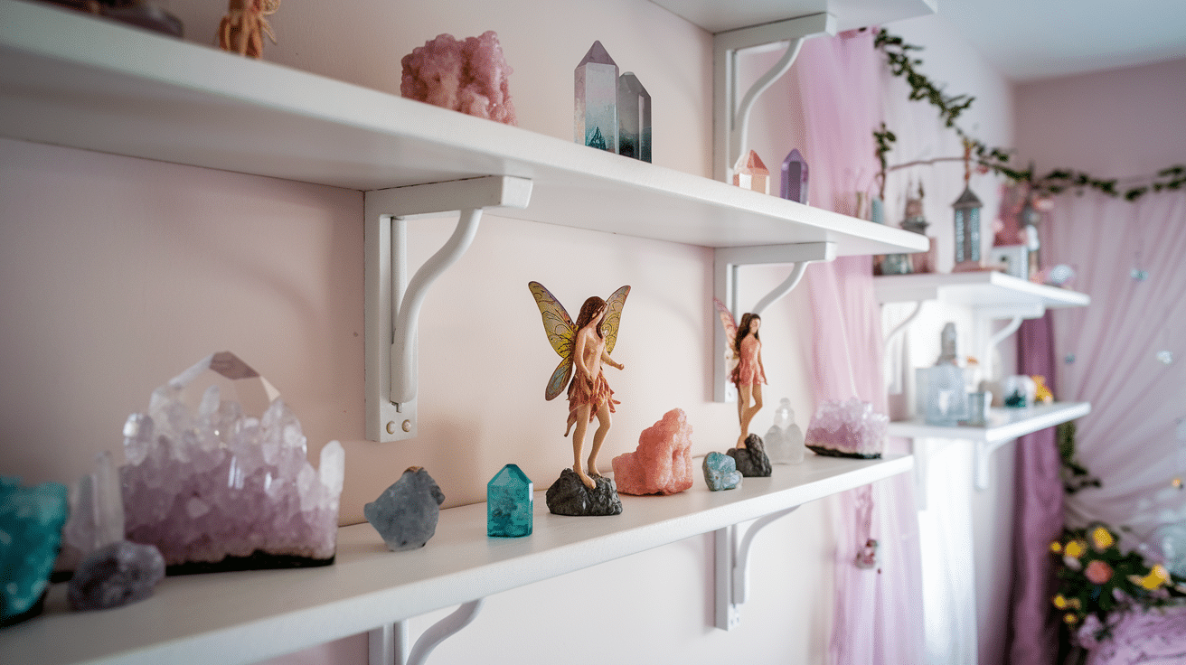 Floating Shelves with Crystals and Figurines
