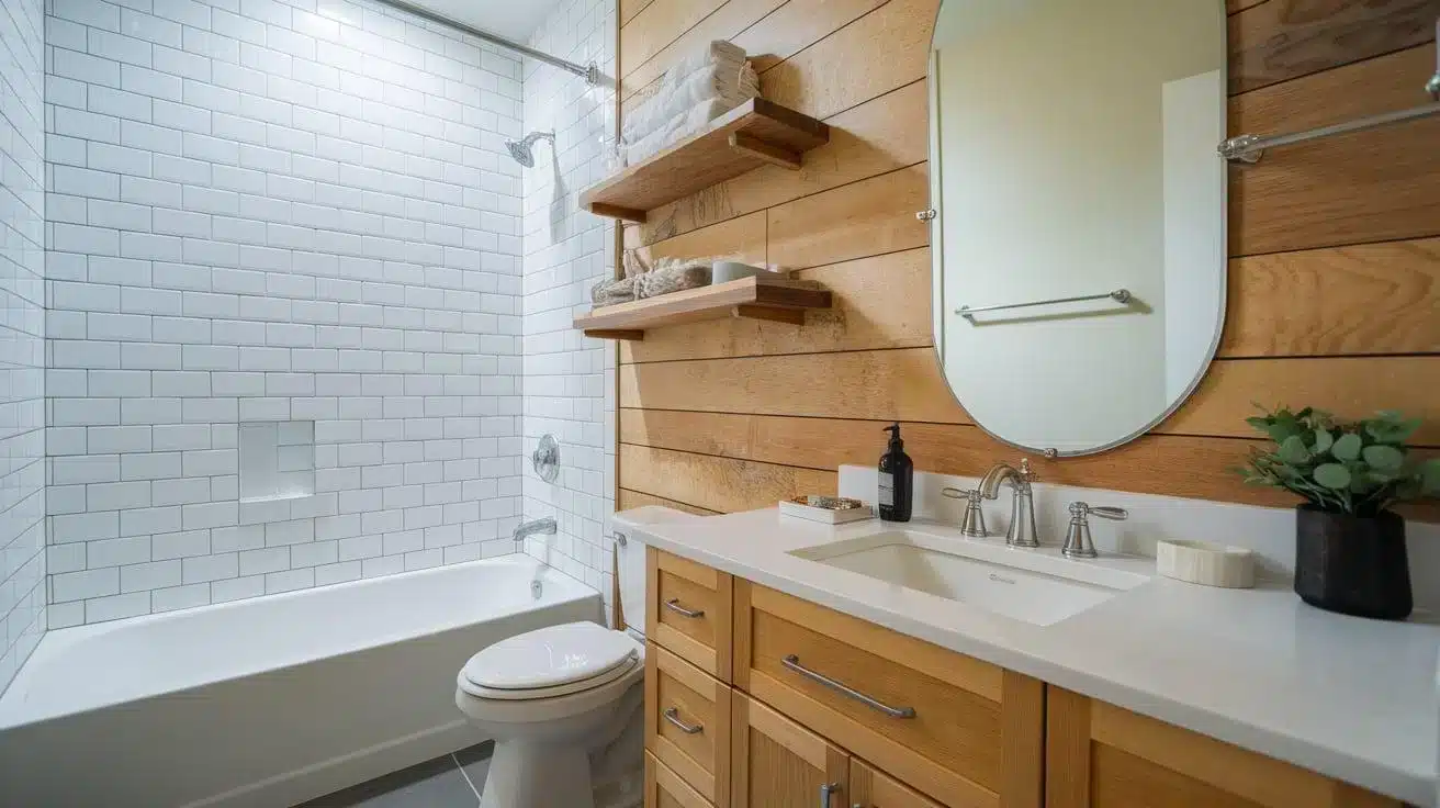 Plywood Accent Wall in the Bathroo