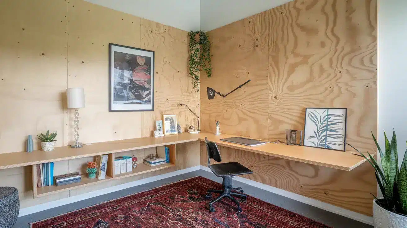 Plywood Wall with Built-in Desk