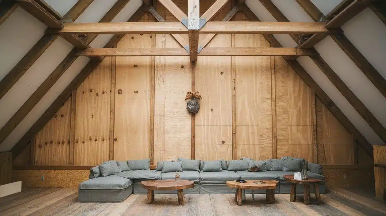 Plywood Wall with Exposed Beams