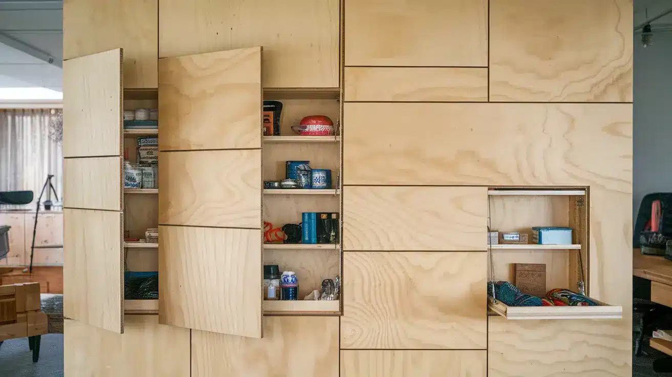 Plywood Wall with Hidden Storage