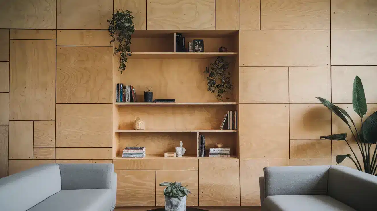 Plywood Wall with Open Shelving