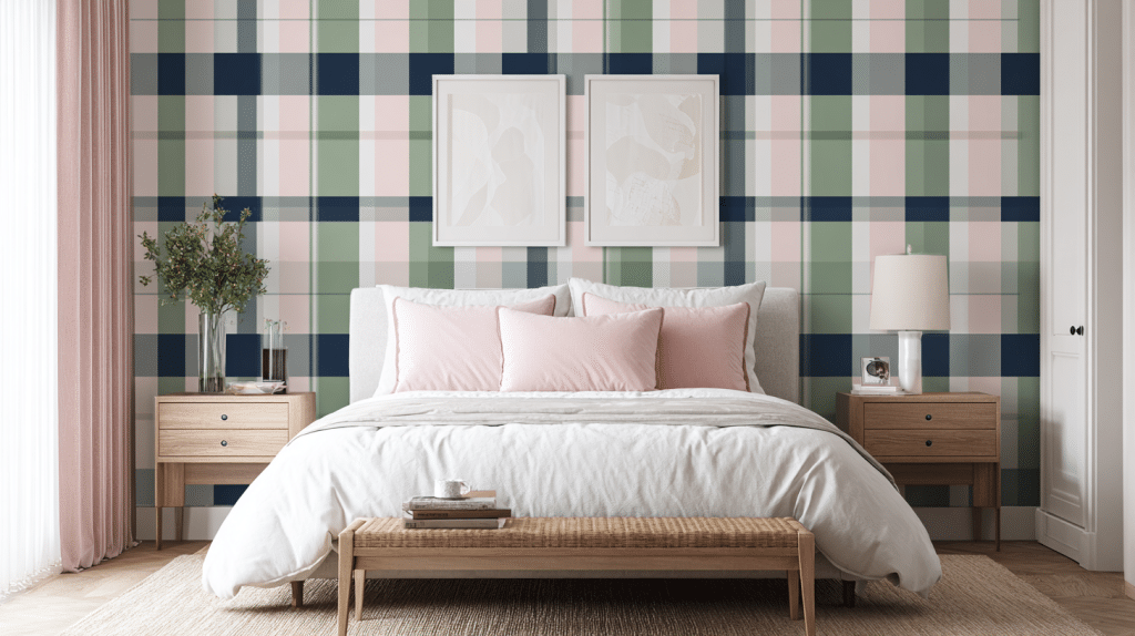 Checkerboard Wallpaper Behind Bedroom Bed