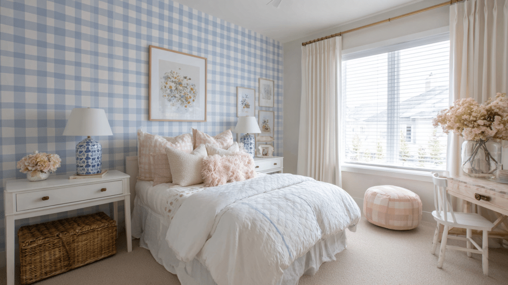 Gingham Or Check Wallpaper Accent In Preppy Room