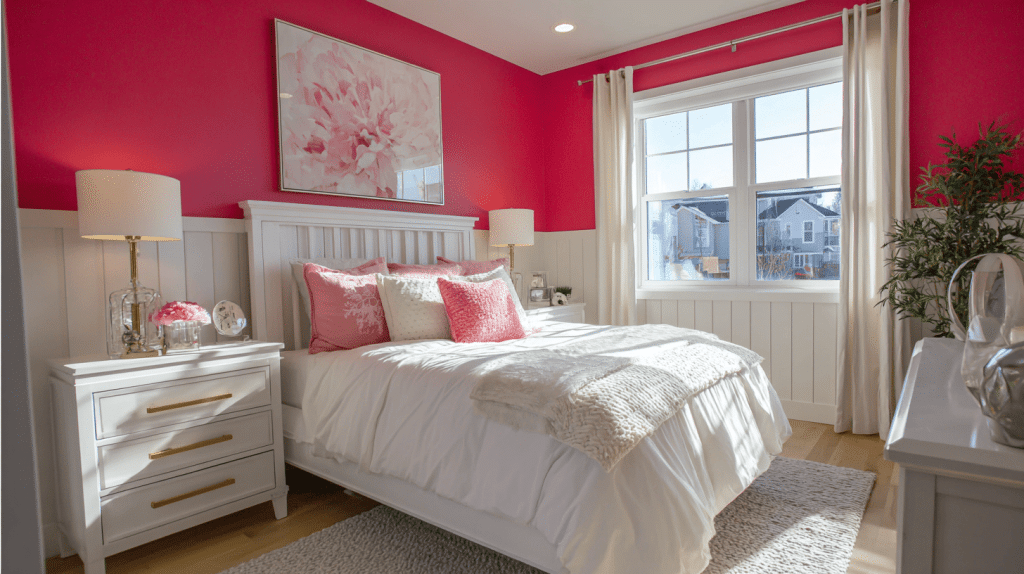 Hot Pink Accent Wall With White Wainscoting