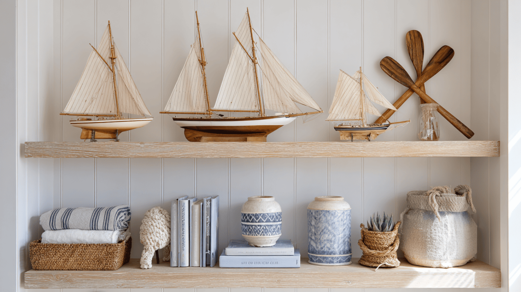 Nautical Shelf With Model Boats And Oars