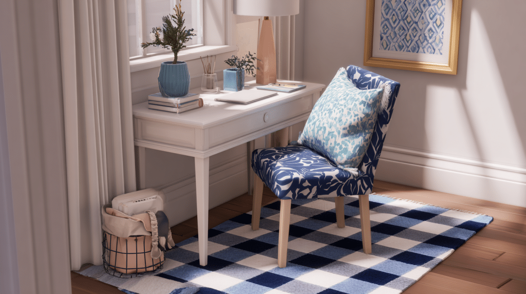 Navy And White Checkerboard Rug In Bedroom