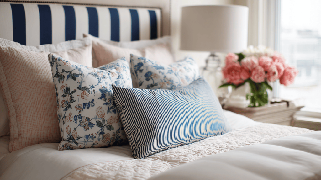 Preppy Bedroom With Striped Or Check Fabric Headboard