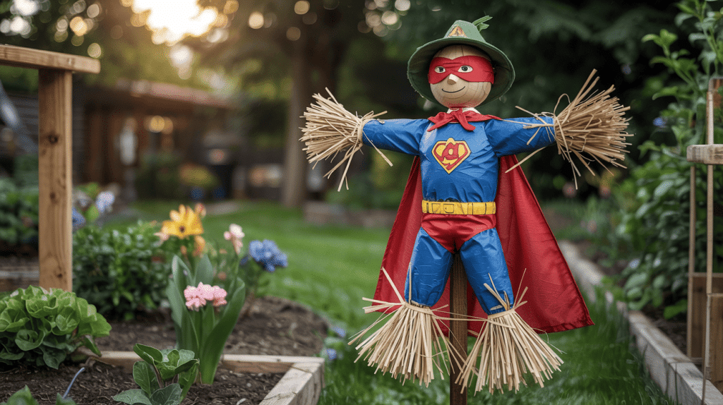 Superhero Scarecrow With Cape And Mask In Garden