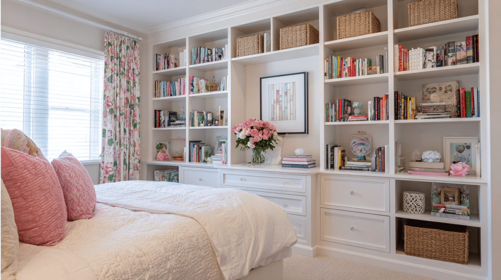 White-Built-In Storage In Preppy Bedroom