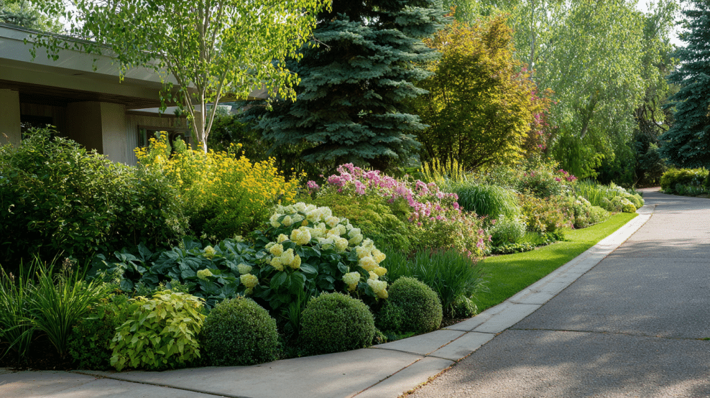 curved drivevay flowerbed