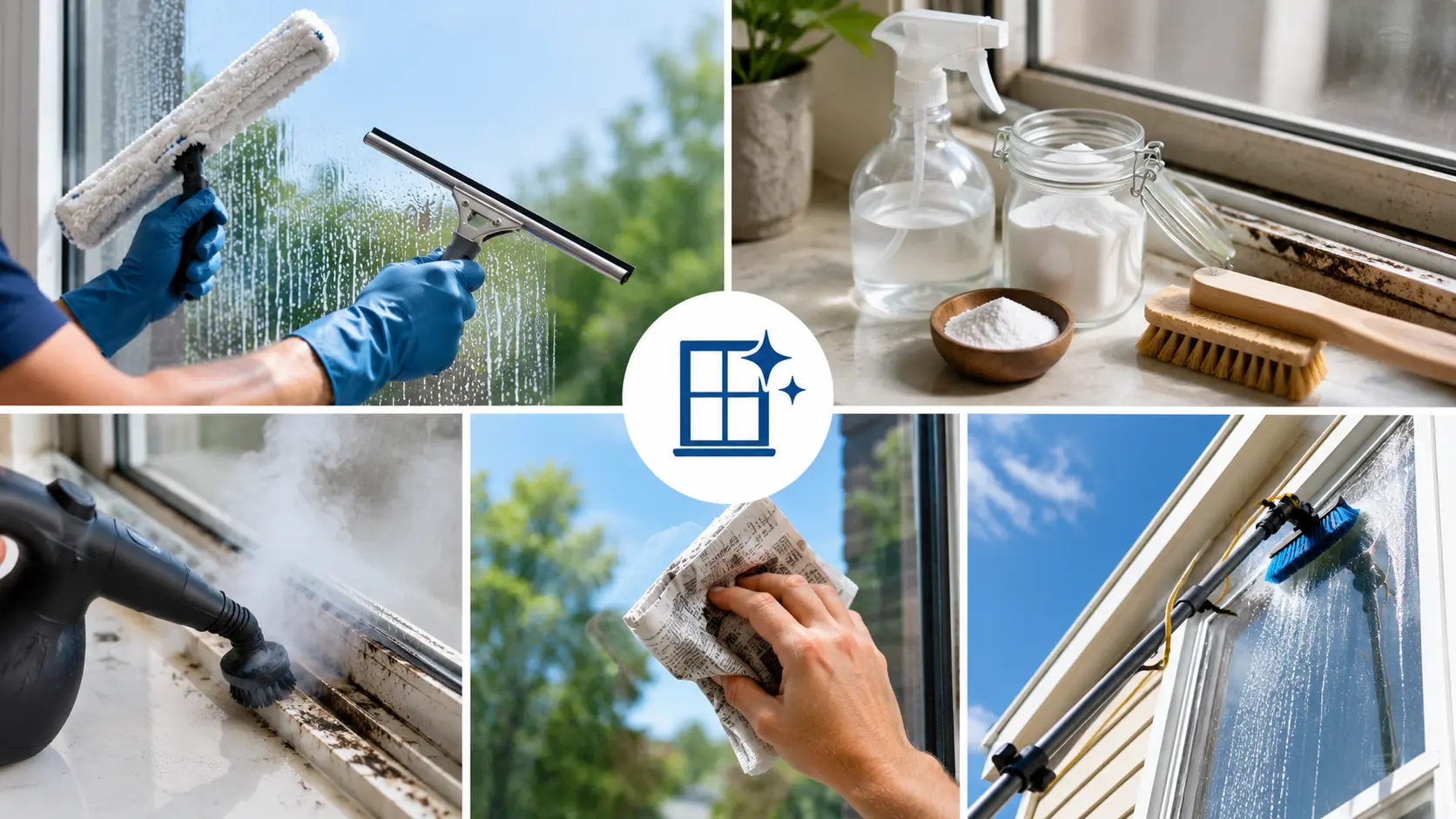 Collage showing multiple window-cleaning methods, including squeegee cleaning, steam cleaning, newspaper polishing, natural cleaning products, and a water-fed pole