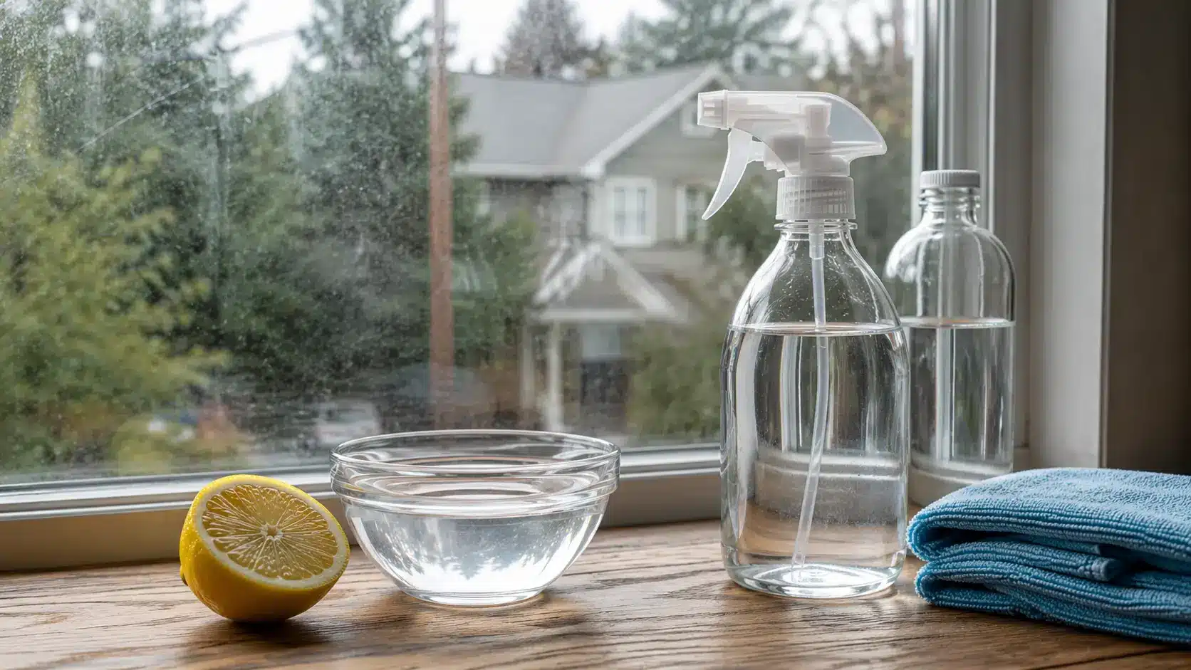 DIY window cleaner ingredients on a windowsill beside a slightly dirty window with microfiber cloths and a spray bottle
