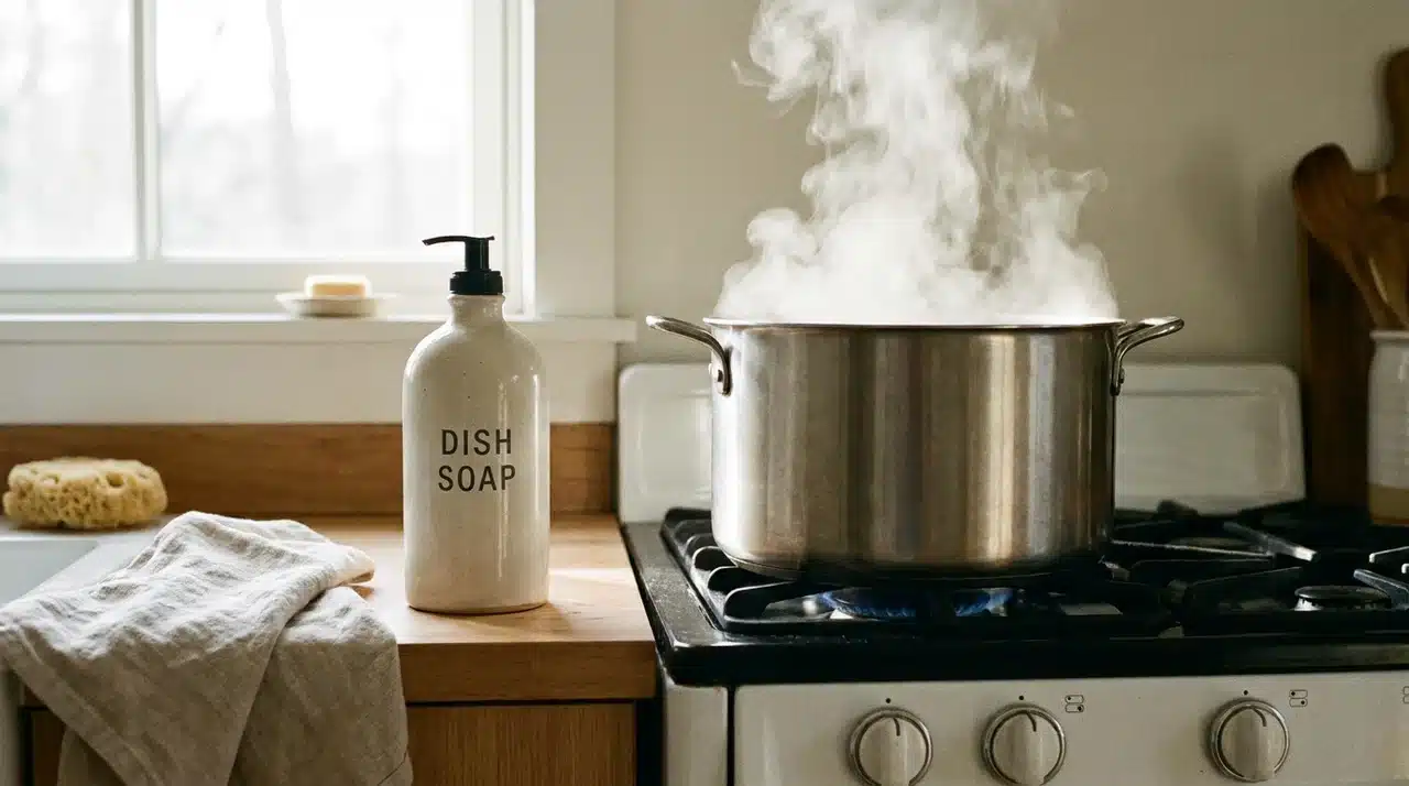 Bottle of dish soap next to a pot of boiling water on a stove for clearing drain buildup.
