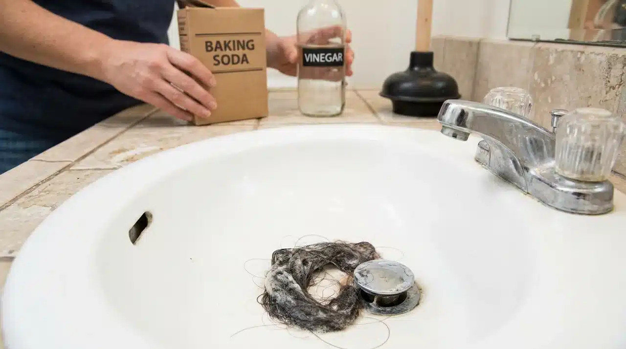 Hair clog in bathroom sink beside baking soda and vinegar, showing a common DIY drain cleaning attempt