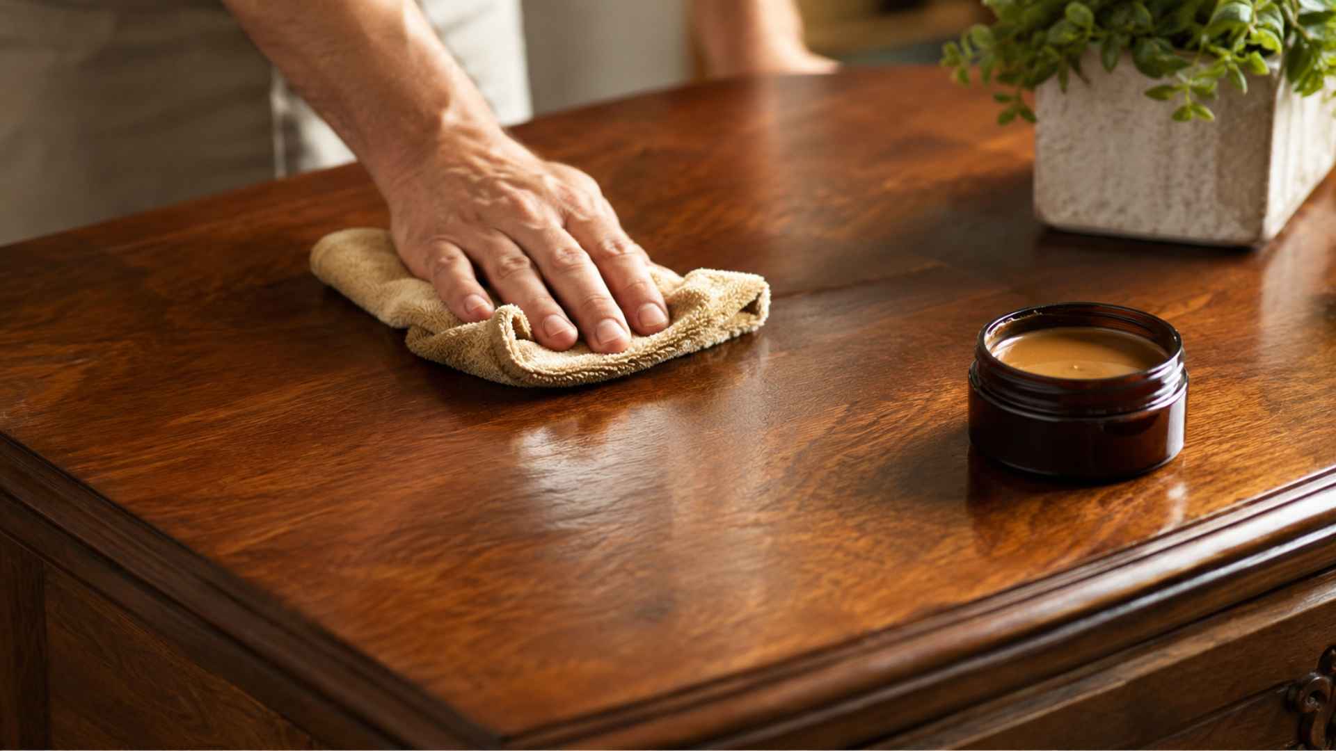 Hand applying furniture polish to a polished wooden table with a soft cloth, restoring shine and finish.