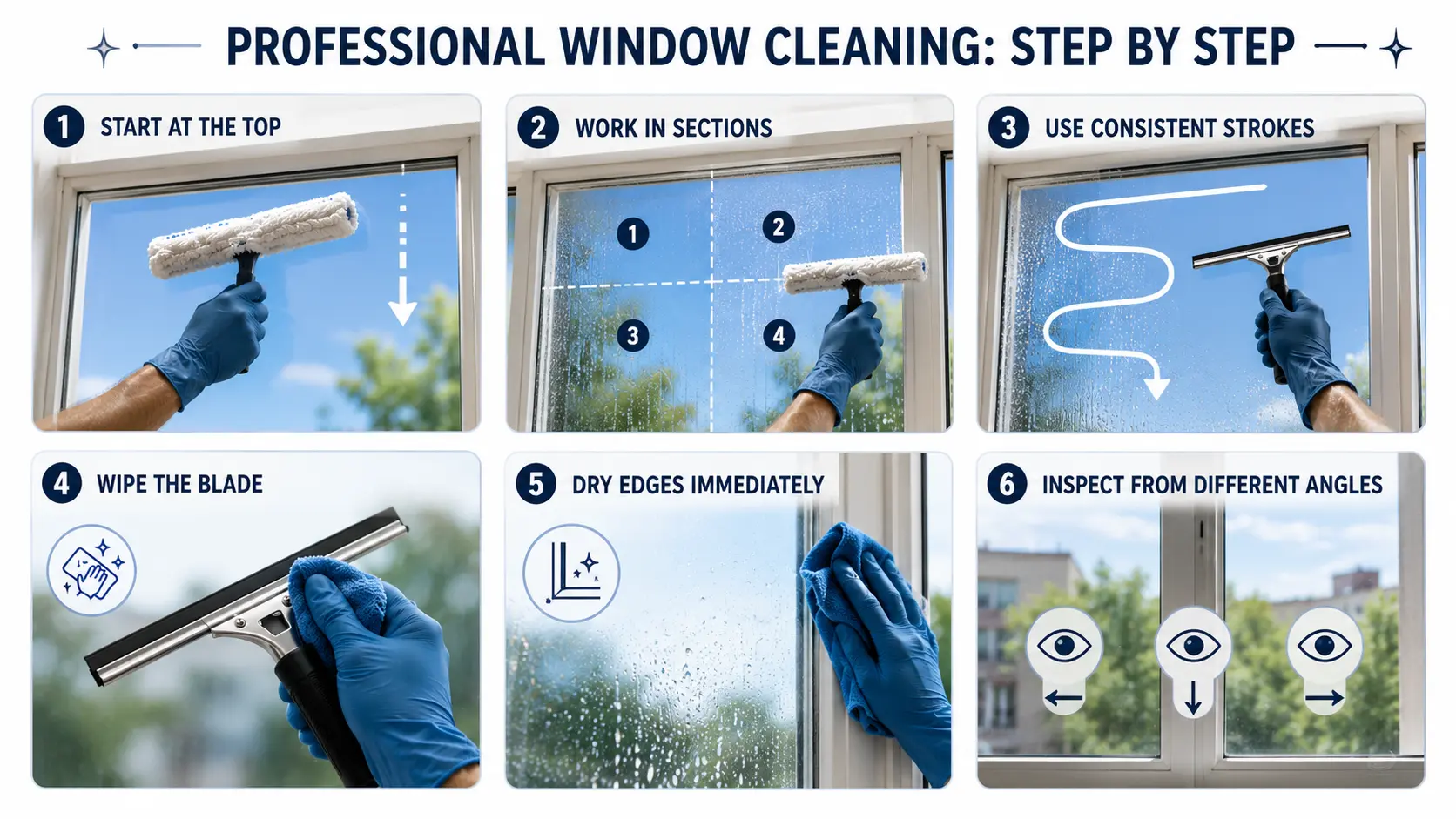 Infographic illustrating a six-step professional window-cleaning process, from top-down washing and squeegee use to edge drying and final inspection