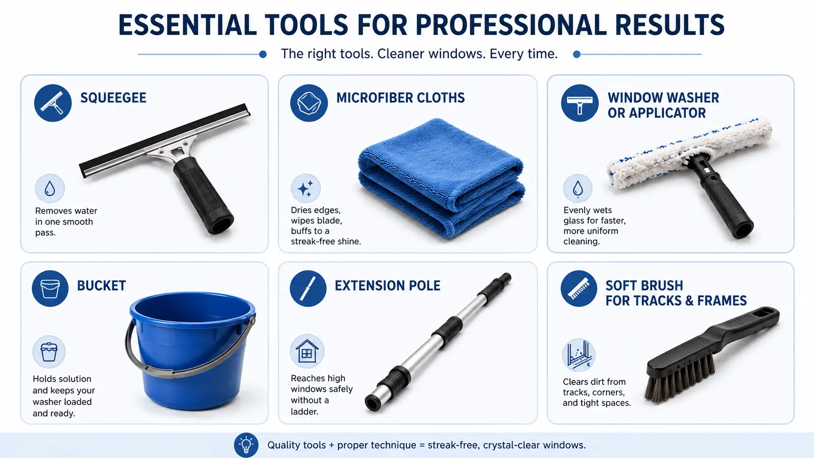 Infographic showing essential window-cleaning tools, including a squeegee, microfiber cloths, applicator, bucket, extension pole, and track brush
