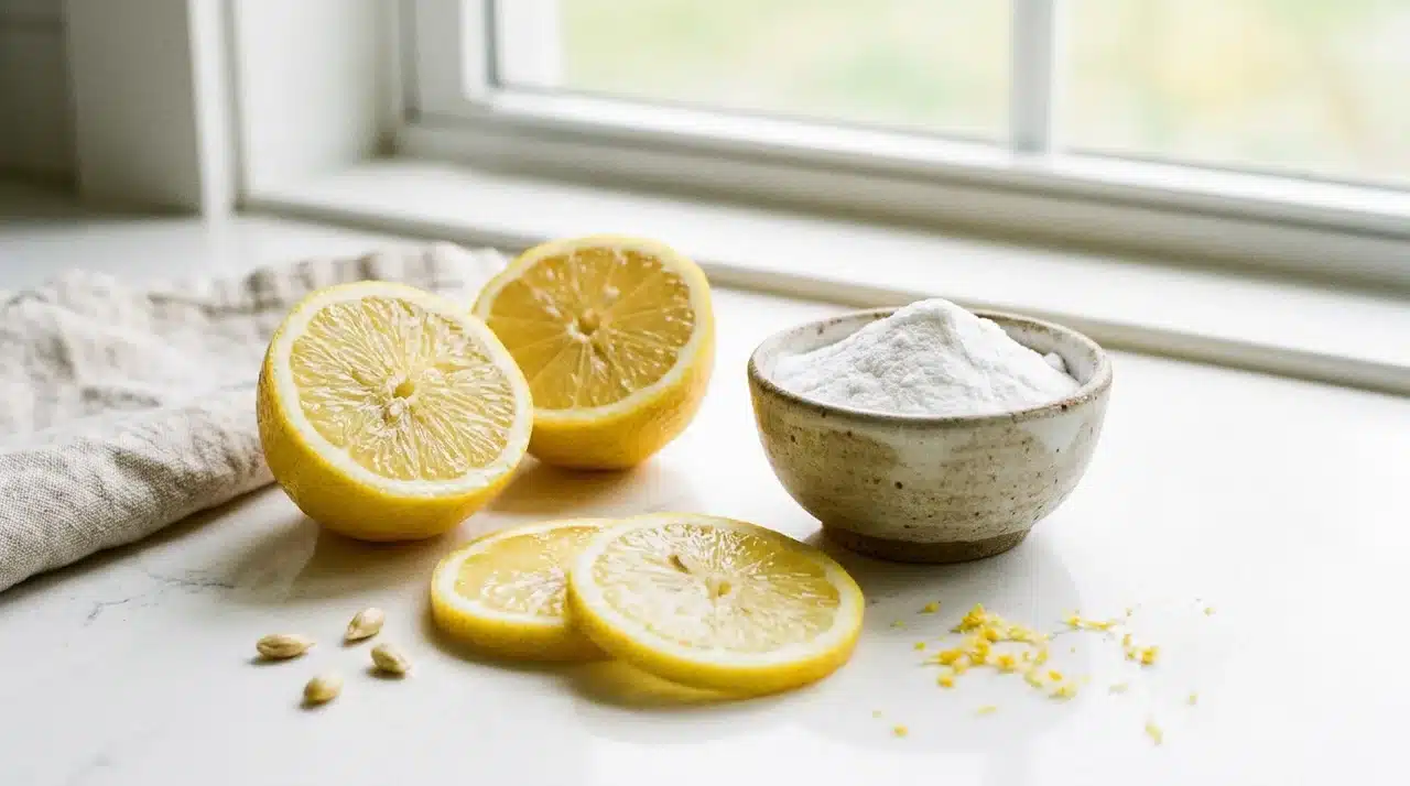 Fresh lemons and a bowl of baking soda on a countertop for a natural drain cleaner.