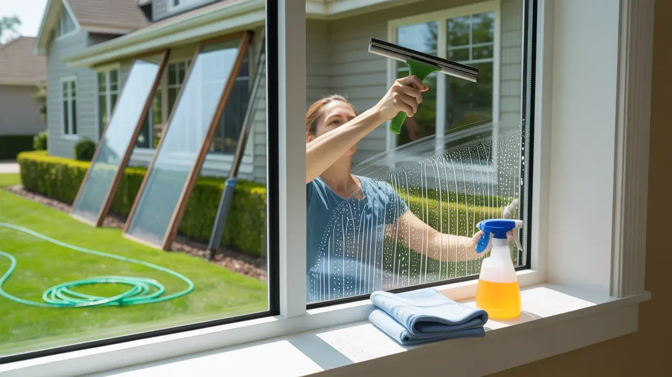Person cleaning a residential window with a squeegee and vinegar spray while removed screens dry outside beside a garden hose
