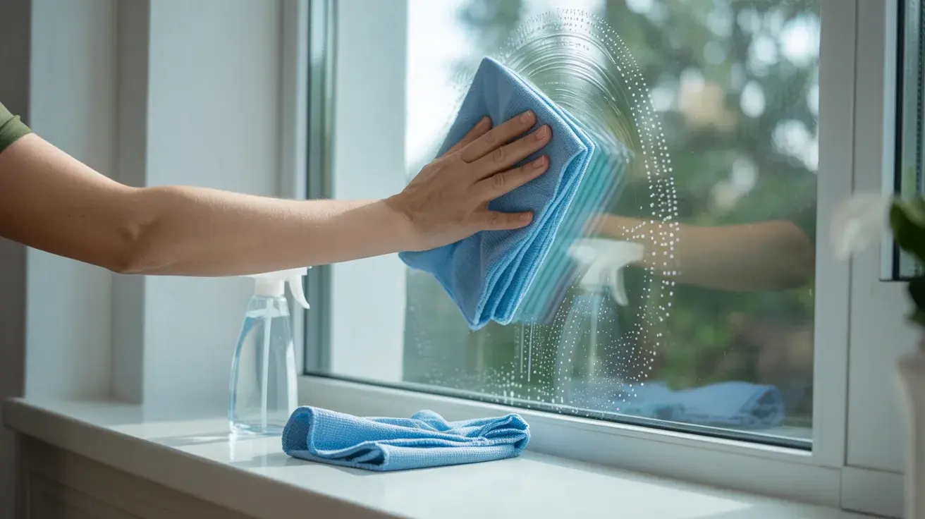Person wiping a window with a blue microfiber cloth beside a spray bottle to achieve a clear, streak-free glass finish.