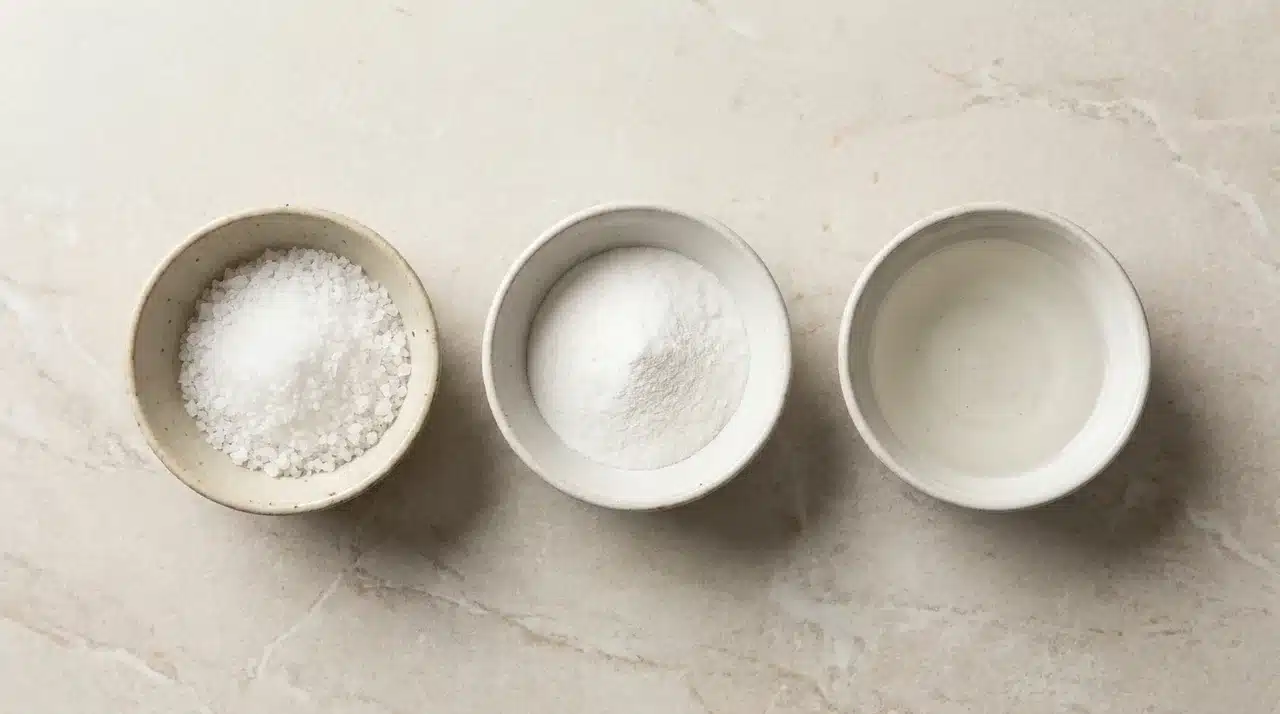 Bowls of salt, borax, and vinegar arranged on a countertop for a DIY drain cleaning solution.