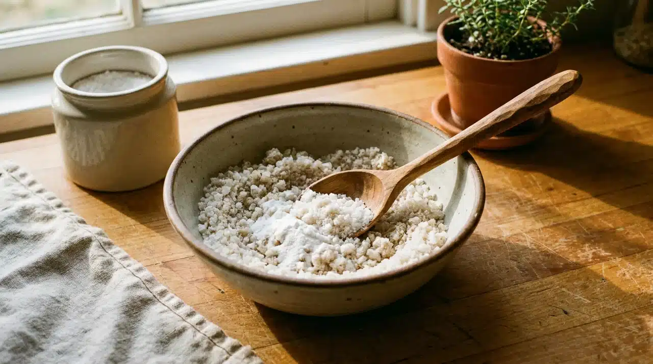 Bowl of salt and baking soda mixture with a wooden spoon for an overnight drain treatment.