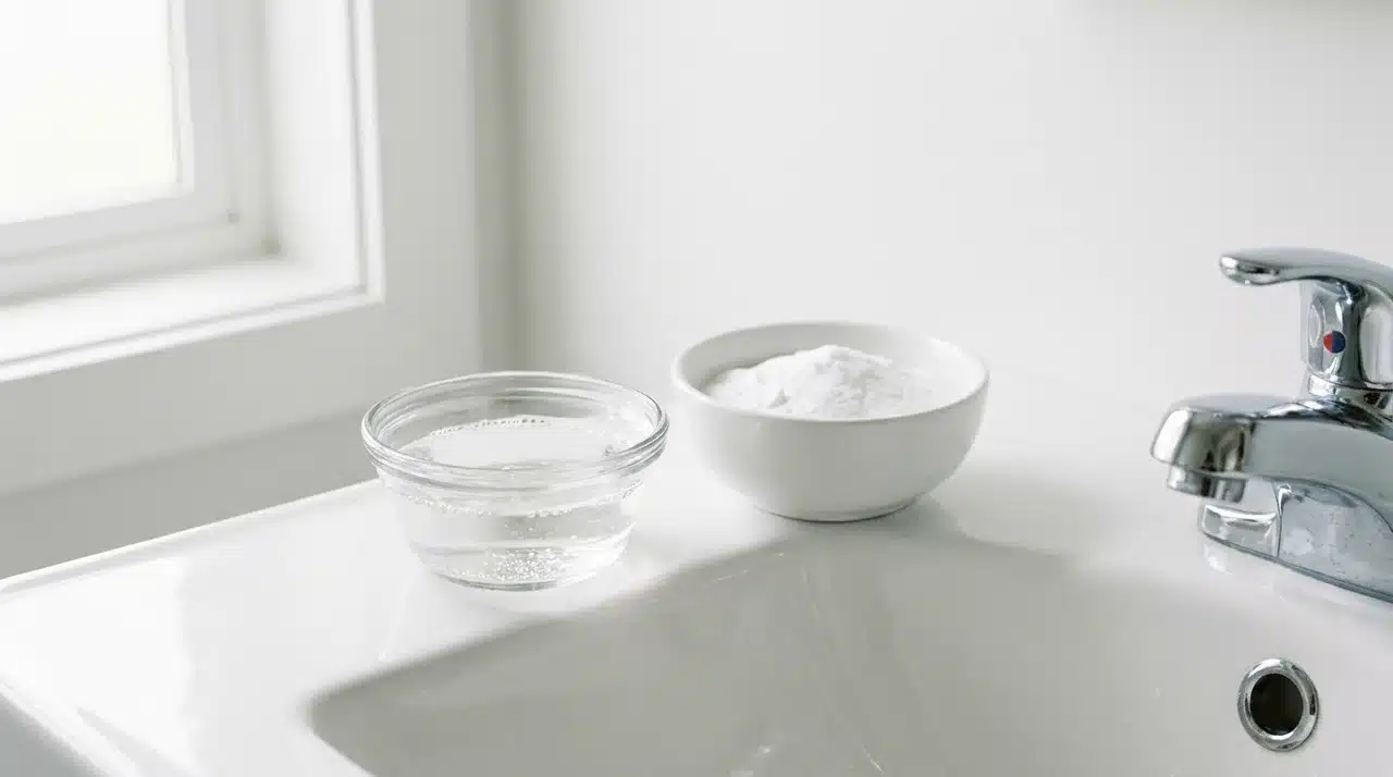 Small bowls of baking soda and vinegar beside a bathroom sink for a natural drain cleaning method.