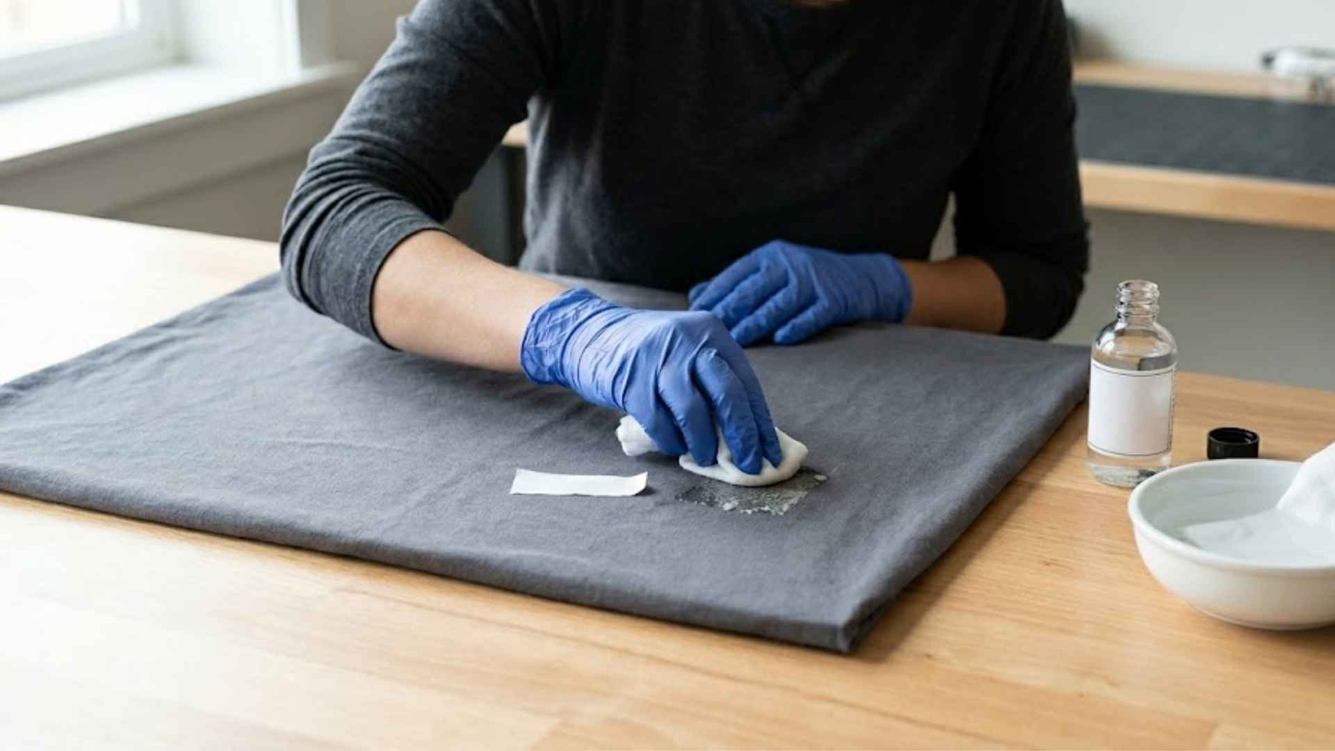 Gloved hand blots fabric with acetone to safely remove tough sticker residue.