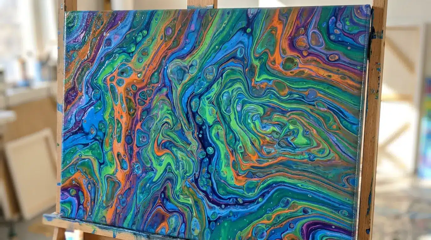 Acrylic pour canvas painting with flowing colors and cell patterns