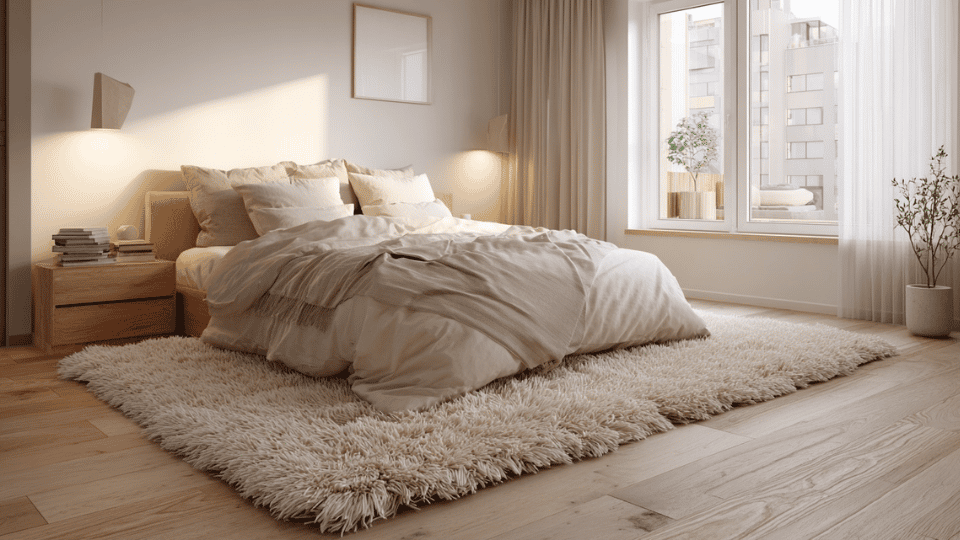 Cozy minimalist bedroom with a plush neutral rug and warm natural light.