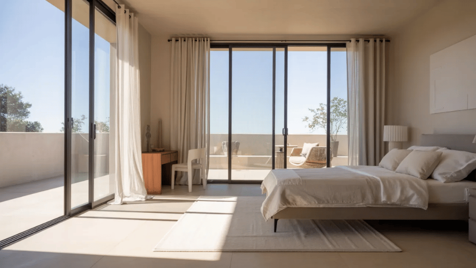 Minimalist bedroom with large windows, natural light, and an airy modern design.