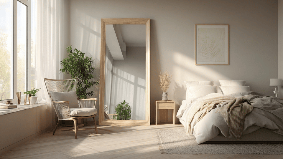 Minimalist bedroom with an oversized mirror reflecting natural light.