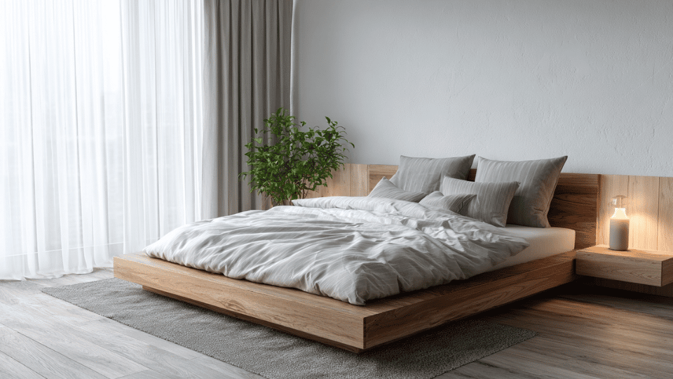 Minimalist bedroom with sleek floating nightstands and clean open floor space.