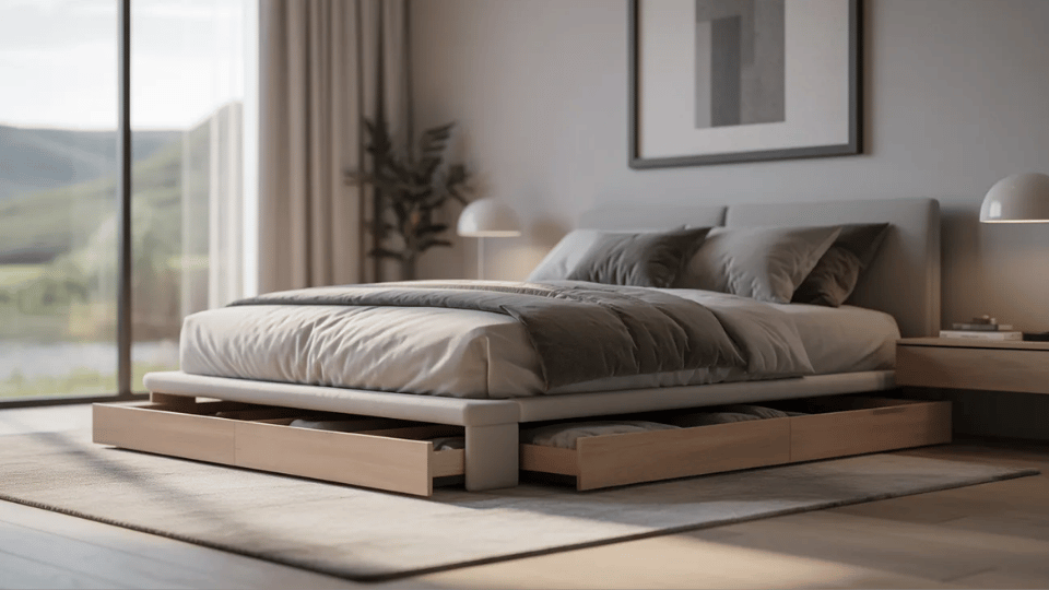 Minimalist bedroom with hidden under-bed storage and clean modern styling.