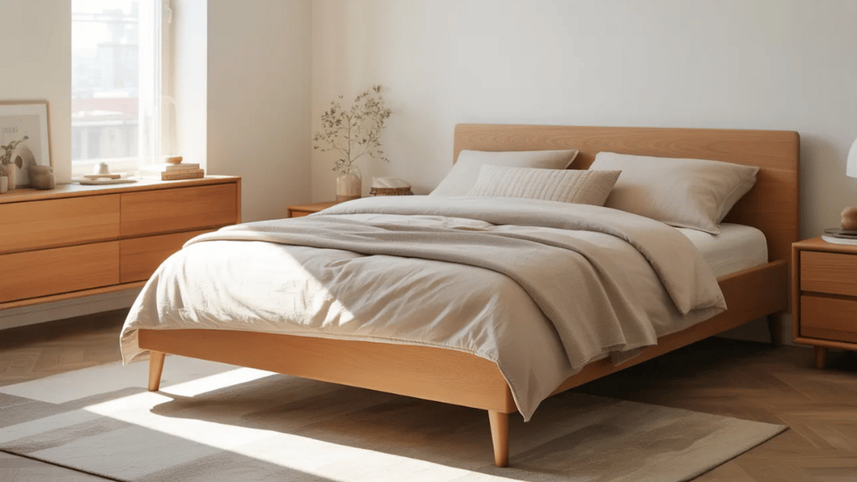 minimalist bedroom featuring warm oak wood furniture