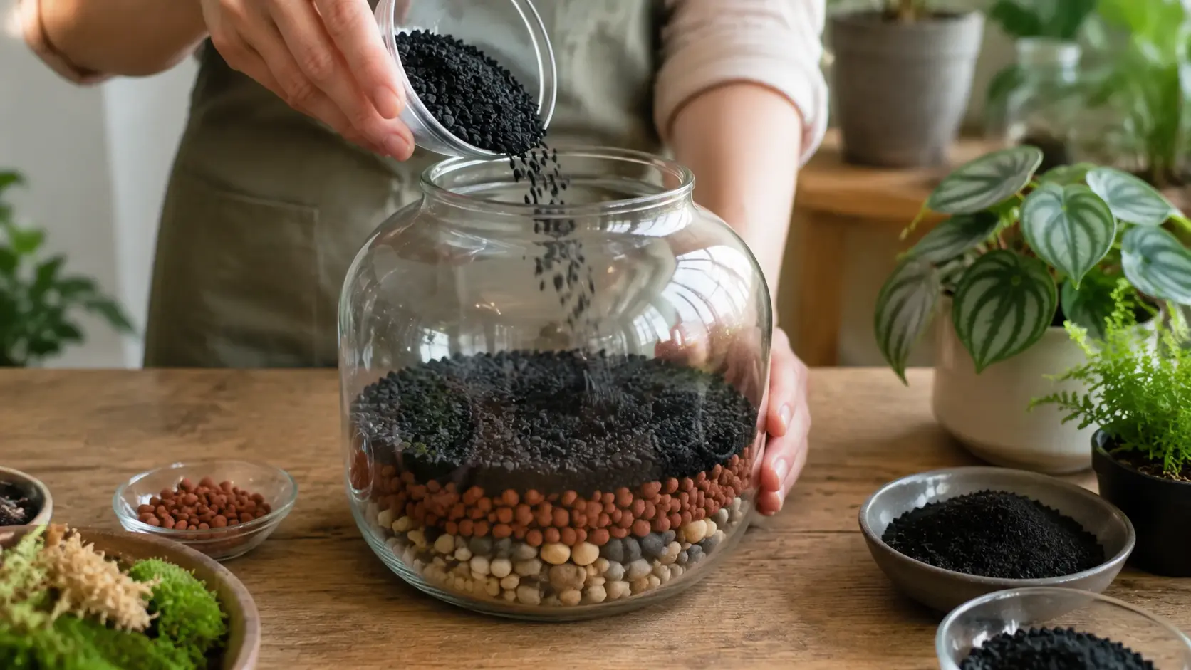 Adding drainage stones and activated charcoal to a terrarium