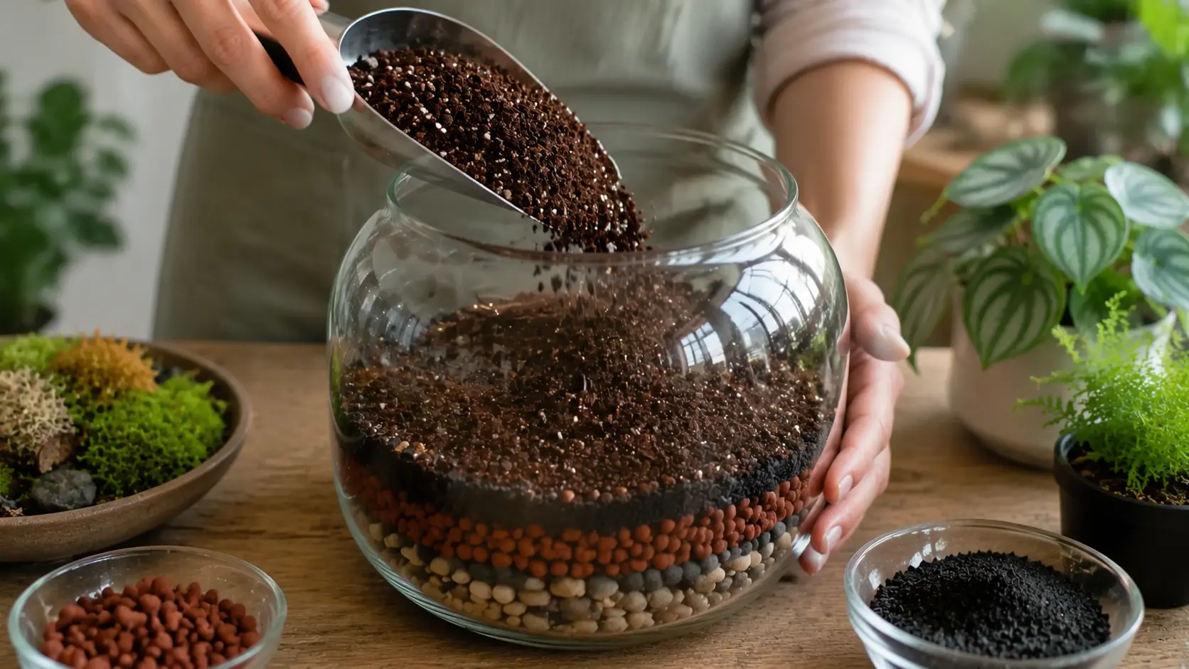 Adding soil substrate to a terrarium container.