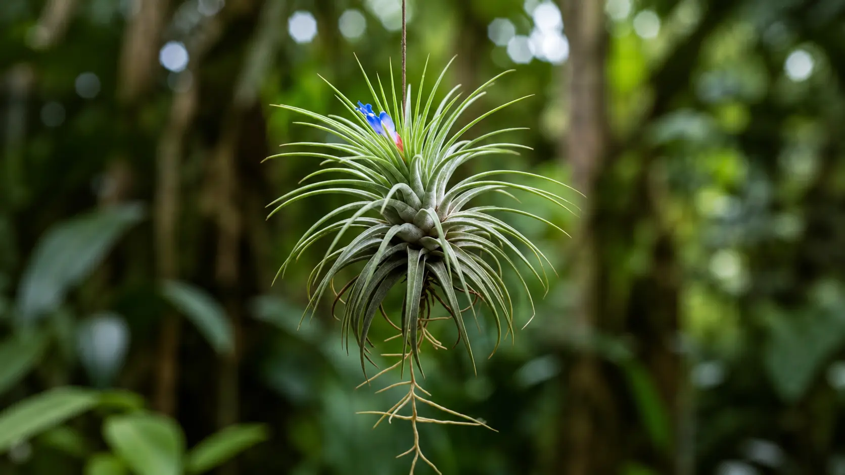 Hanging air plant with thin green leaves in a forest background.