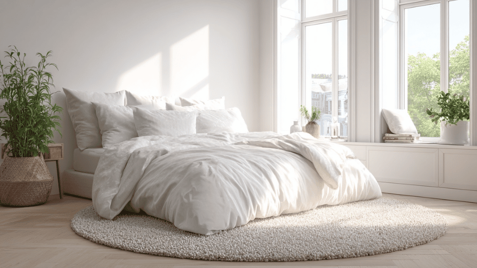 All-white minimalist bedroom with layered textures and bright natural light.