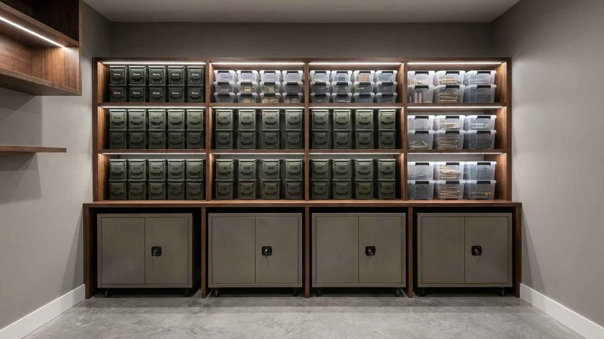 Organized ammo storage shelves with stackable containers and neatly arranged supplies