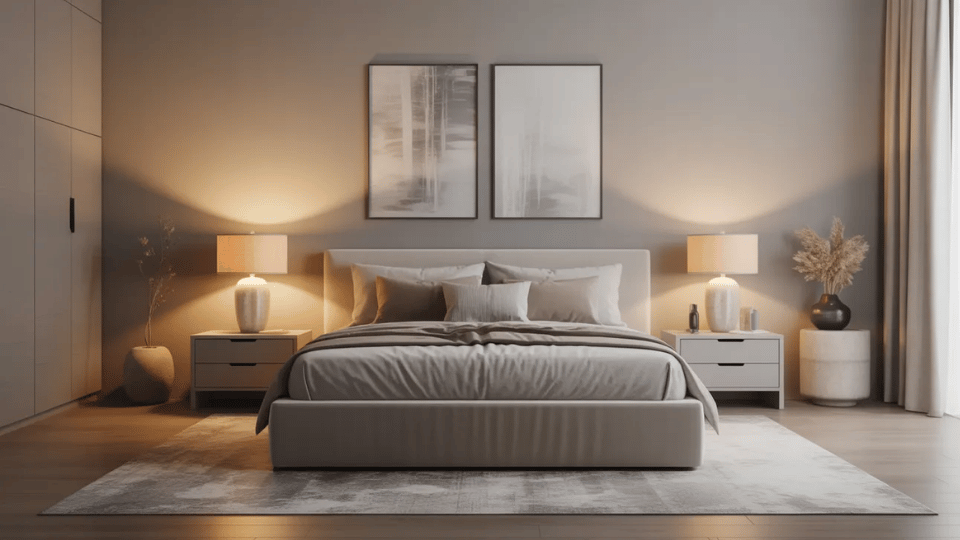 Minimalist bedroom with a balanced symmetrical furniture arrangement.